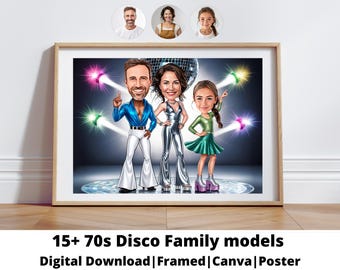 Familjeporträtt från 70-talets disco | Anpassad karikatyr av familjen från 70-talets disco | karikatyr från foto | present till familjen | Karikatyr av familjen från 70-talets disco