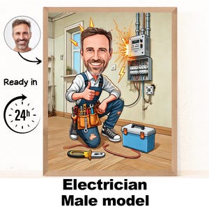 Elektriker Geschenk - Individuelles Portrait als Gelbe Comicfigur / Elektriker Geschenk Cartoon Wireman Geschenk / Lineman Geschenk Elektrotechniker