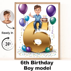Benutzerdefinierte 6. Jungen Cartoon Porträt, Karikatur zum 6. Geburtstag, Geburtstag Cartoon, personalisierte Geburtstagsgeschenk, Jungen Geburtstag, 6. einzigartige Karte
