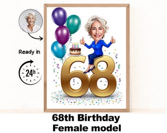 Custom 68th Woman Cartoon Portrait, 68th Birthday Caricature, Birthday Cartoon, Personalized Birthday Gift, Woman's Birthday, 68th Card