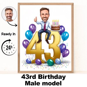 Portrait personnalisé de dessin animé pour homme du 43e anniversaire, caricature du 43e anniversaire, dessin animé d'anniversaire, cadeau d'anniversaire personnalisé, anniversaire d'un homme, carte pour le 43e anniversaire