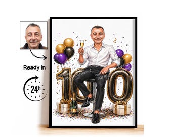 Aangepaste karikatuur voor 100e verjaardag, 100e verjaardag, karikatuurtekening, wenskaart, verjaardagskaart, verjaardagsuitnodiging, jubileumkaart