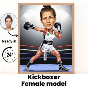 Vrouw kickboksen cartoonportret / kickbokscadeau / aangepaste kickbokskarikatuur / kickbokskarikatuur van foto / cadeau voor kickbokser