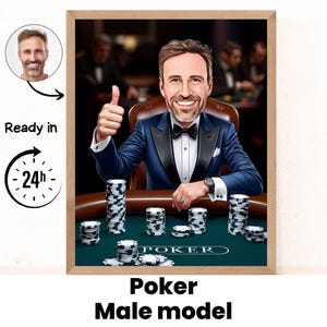 Niestandardowy portret z kreskówek pokerowych, karykatura pokerowa, prezent dla męskiego gracza w pokera, zabawny pokerowy git, karykatura ze zdjęcia, spersonalizowany poker