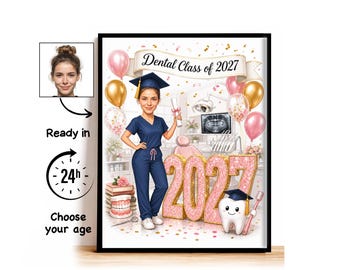 Custom Dental School Graduation Caricature from Photo, Dental Class of 2027 Cartoon Portrait, Dental School Graduation Gift for Her