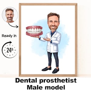 Cartoonportret van een mannelijke tandartsassistent, cadeau voor een tandartsassistent, karikatuur van een tandprotheticus gebaseerd op een foto, grappige cartoon van een tandartsassistent