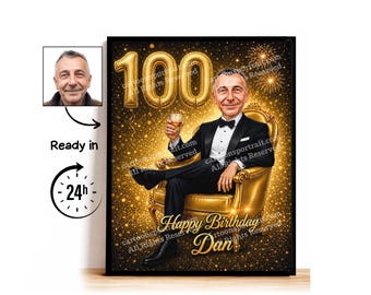 Aangepaste karikatuur voor 100e verjaardag, 100e verjaardag, karikatuurtekening, wenskaart, verjaardagskaart, verjaardagsuitnodiging, jubileumkaart