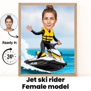 Jet-Ski-Cartoon-Porträt einer Frau / Jet-Ski-Geschenk / Individuelle Jet-Ski-Karikatur / Jet-Ski-Karikatur nach Foto / Geschenk für Jet-Ski-Fahrer / Jet-Ski-Porträt
