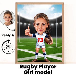 Rugby girl cartoon Portrait / Rugby daughter gift / Rugby niece gift / Gift for kid / Custom Rugby Caricature / Rugby caricature from photo