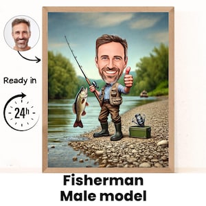 Aangepaste visser cartoonportret, cadeau voor visser, karikatuur van de visser, karikatuur van de visser, aangepaste karikatuur, karikatuur van de visser van foto