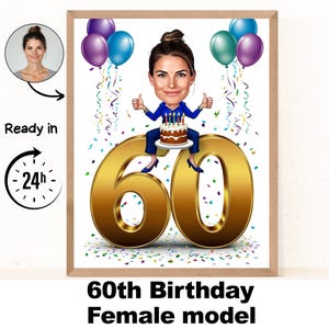 Portrait de femme dessin animé personnalisé 60e anniversaire, caricature 60e anniversaire, dessin animé d'anniversaire, cadeau d'anniversaire personnalisé, anniversaire de femme, carte 60e