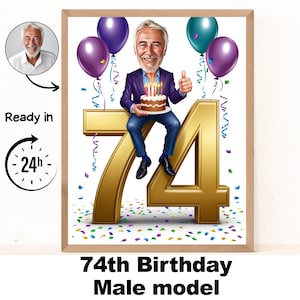 Retrato de desenho animado personalizado do 74º homem, caricatura de aniversário de 74 anos, desenho animado de aniversário, presente de aniversário personalizado, aniversário do homem, cartão de 74 anos