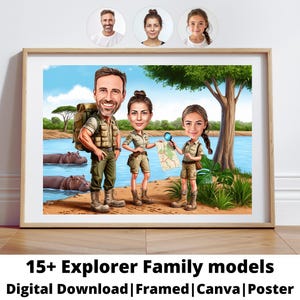 Peut inclure: Une illustration numérique d'une famille de quatre personnes en aventure. La famille est vêtue d'une tenue d'explorateur et se tient devant une jungle luxuriante et verte. Le père tient une loupe, la mère tient une carte et les deux enfants tiennent une boussole et des jumelles. La famille est entourée de verdure et d'une rivière.