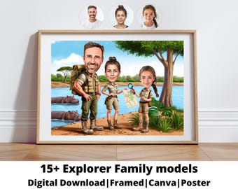 Explorer Family Portrait |Custom Explorer Family Caricature | Adventure caricature from photo | gift for family | Explorer Family caricature