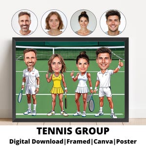 Pode incluir: Ilustração emoldurada de um grupo de tênis, com quatro figuras caricaturadas em uma quadra verde. As figuras estão vestindo roupas de tênis e segurando raquetes. O texto "TENNIS GROUP" é exibido abaixo da imagem.