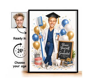 Custom Dental School Graduation Caricature from Photo, Brace Yourself Cartoon Portrait, Dental School Graduation Gift for Him, Class of 2027