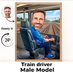 Treinbestuurder mannelijk cartoonportret / cadeau machinist / aangepaste karikatuur machinist / karikatuur machinist van foto / cadeau