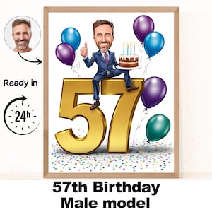 Custom 57th Man Cartoon Portrait, 57th Birthday Caricature, Birthday Cartoon, Personalized Birthday Gift, Man's Birthday, 57th Card