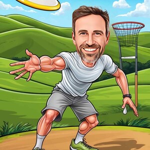 a caricature of a man catching a frisbee