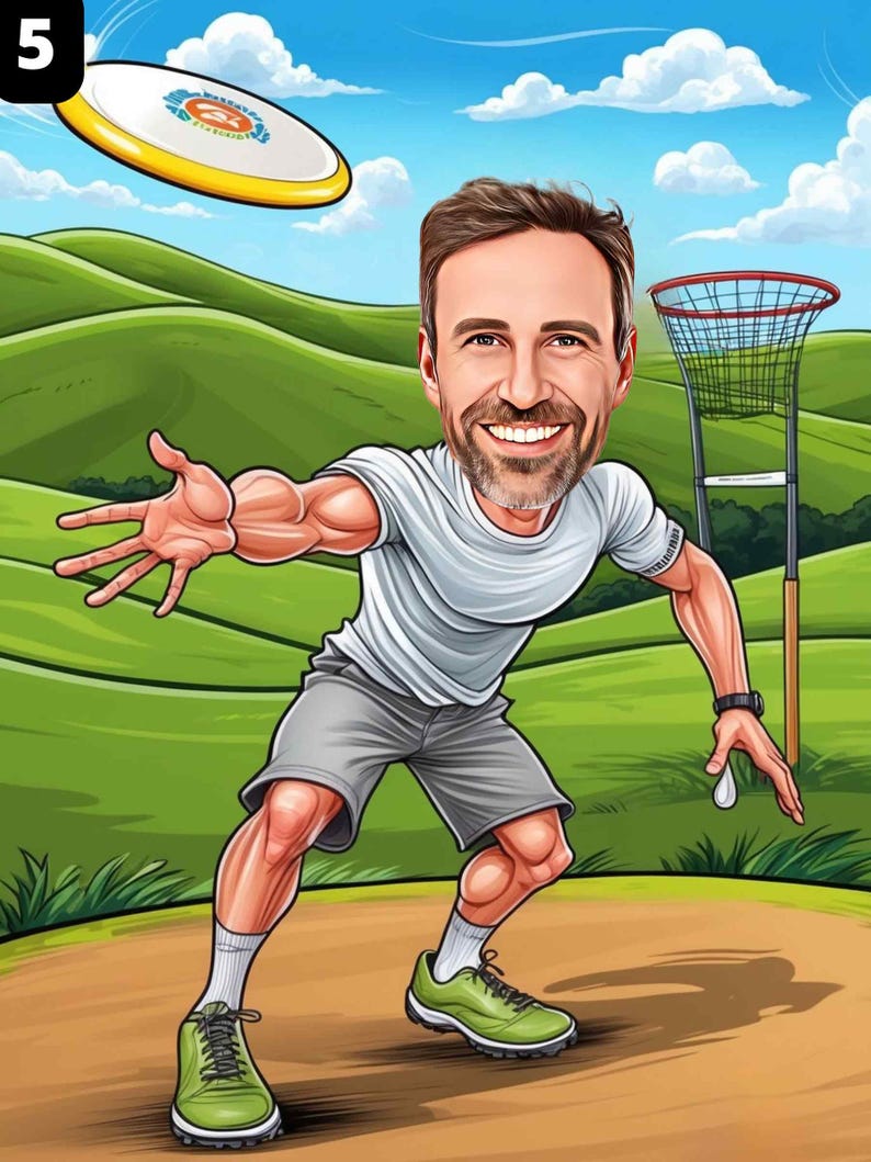 a caricature of a man catching a frisbee
