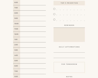 May include: A daily planner with a white background and black text. The planner has sections for date, top 3 priorities, reminder, daily affirmations, for tomorrow, and notes. The planner also has a section for the days of the week.