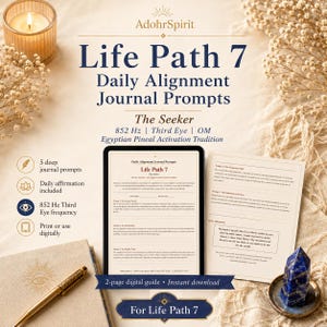 May include: A digital guide titled Life Path 7 Daily Alignment Journal Prompts The Seeker, featuring 852 Hz Third Eye OM Egyptian Pineal Activation Tradition. The document includes five journal prompts, a daily affirmation, and print or digital options.