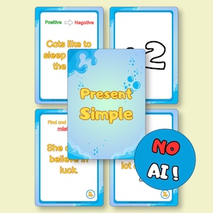 May include: A set of educational flashcards with blue borders and water-themed graphics. The central card displays the text Present Simple in yellow. Other cards show English grammar exercises, including the text Cats like to sleep, and a blue circle with the text NO AI!