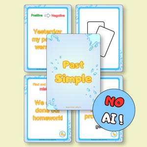 May include: A set of educational flashcards for learning English grammar, featuring a central card titled Past Simple with a light blue water splash design. Other cards display text exercises like Yesterday my positive went and We done our homework.