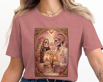 Two of Cups Tarot Card T-Shirts, Day of the Dead Couple Art, Dia de los Muertos Wedding, Gothic Bride and Groom Skeleton Tee
