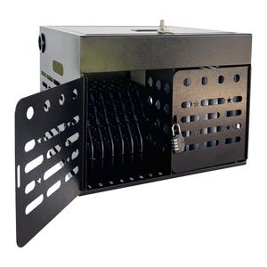 May include: Black metal charging station with a combination lock and a key lock. The front door is open, revealing multiple slots for devices. The door has decorative cutouts in the shape of stars and circles. Numbers 1-8 are visible.