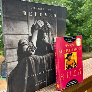 May include: Two books are displayed outdoors. The larger book is titled "Journey to Beloved" by Oprah Winfrey. The smaller book is "Sula" by Toni Morrison, a Nobel Prize winner, with a pink cover and a photo of a woman.