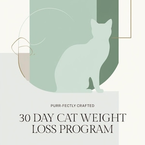 Może przedstawiać: Minimalistyczny projekt z jasnozieloną sylwetką kota na miękkim zielono-białym tle. Tekst brzmi "PURR-FECTLY CRAFTED 30 DAY CAT WEIGHT LOSS PROGRAM". Program opiera się na żywności dostępnej w Walmart, Target i Amazon.