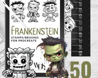50 SELLOS DE FRANKENSTEIN para Procreate / Procreate Sellos de Halloween / Pinceles Procreate / Monstruos / Halloween / Frankenstein / Libro para colorear