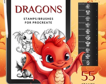 55 Sellos Procreate de Dragón Bebé / Pinceles Procreate / Dragones Lindos / Dragones Alados / Uso Comercial / Descarga Instantánea