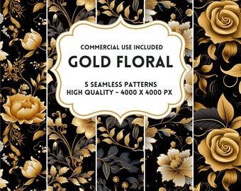 Patrones florales sin costuras en negro y oro, PNG, papel digital, imprimible, álbum de recortes, San Valentín, imprimible, uso comercial, descarga instantánea