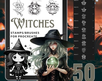 50+ WITCHES STAMPS for Procreate | Procreate Halloween Stamps | Procreate Brushes | Witch | Coloring Book | Instant Download