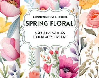 Patrones florales sin costuras de primavera, PNG, Papel digital, Imprimible, Álbum de recortes, Tarjetas de felicitación, Imprimible, Uso comercial, Descarga instantánea