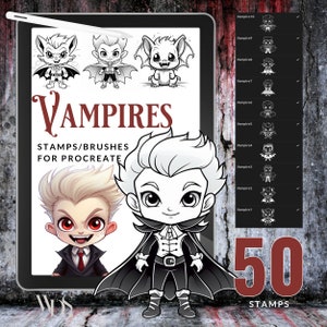 May include: Digital art stamps and brushes for Procreate featuring vampire characters. The image shows a tablet with illustrations of vampires, the word "VAMPIRES", and the number "50 STAMPS". The stamps are in black and white.