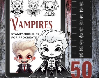 50 SELLOS VAMPIROS para Procreate / Procreate Sellos de Halloween / Pinceles Procreate / Monstruos / Libro para colorear / Descarga instantánea