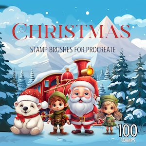 May include: A set of 100 Christmas themed stamp brushes for Procreate. The image shows a red train with a white polar bear, a Santa Claus, and two elves in front of a snowy winter scene.
