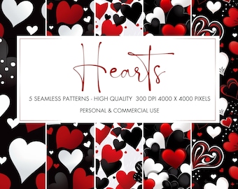 Corazones, Patrones sin costuras, PNG, Papel digital, Imprimible, Álbum de recortes, San Valentín, Tarjetas de felicitación, Uso comercial, Descarga instantánea