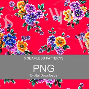 May include: A vivid red backdrop showcases a floral design with colourful flowers in shades of blue, purple, yellow, and orange. The image includes the text "5 Seamless Patterns" and "PNG Digital Downloads".