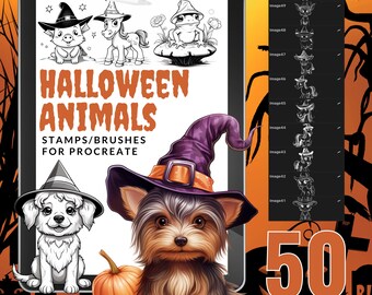 50 ANIMALES DE HALLOWEEN para Procreate / Procreate Sellos de Halloween / Pinceles Procreate / Monstruos / Libro para colorear / Descarga instantánea