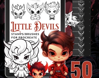 50 SELLOS DE DIABLOS PEQUEÑOS para Procreate / Procreate Sellos de Halloween / Pinceles Procreate / Monstruos / Libro para colorear / Descarga instantánea