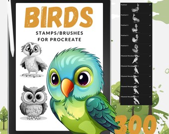 Más de 300 lindos sellos de procreación de pájaros de dibujos animados / Pinceles / Aves / Más de 70 especies diferentes / Uso comercial / Descarga instantánea