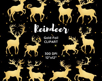 12 Reno de Navidad de lámina de oro Fondo transparente Imágenes PNG / Navidad / Oro / Reno / Uso comercial / Descarga instantánea