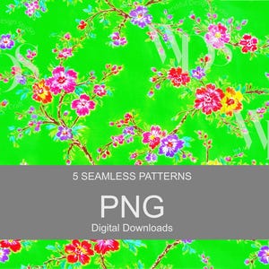May include: Digital graphic of a floral pattern with pink, red, yellow, and purple flowers on a bright green background. The image includes the text "5 Seamless Patterns" and "PNG Digital Downloads".