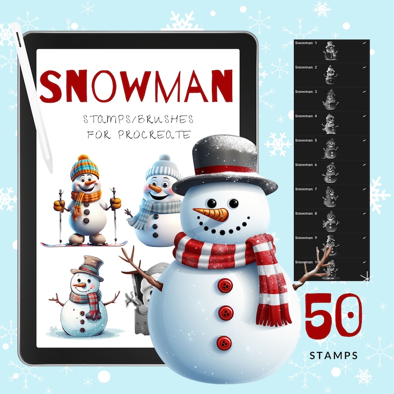 50 SNOWMAN Stamp Brushes for Procreate | | Procreate Brushes | Snowman ...