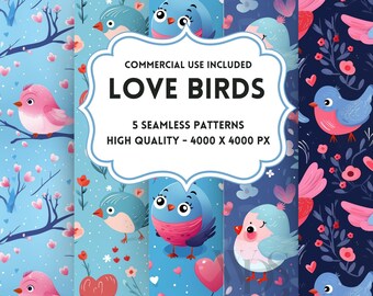 Patrones sin costuras de pájaros del amor, PNG, papel digital, imprimible, álbum de recortes, San Valentín, tarjetas de felicitación, uso comercial, descarga instantánea