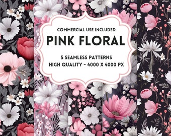 Patrones florales rosas sin costuras, PNG, Papel digital, Imprimible, Álbum de recortes, San Valentín, Imprimible, Uso comercial, Descarga instantánea